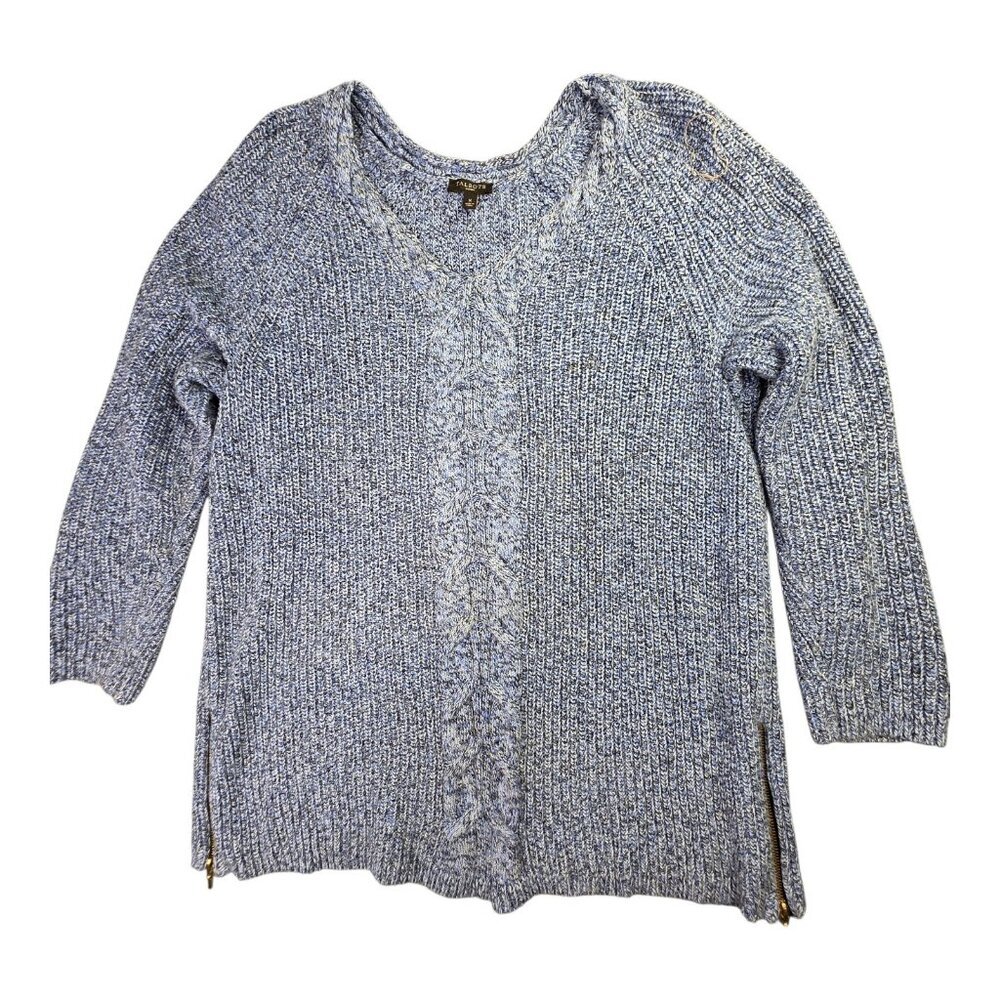 Talbots Sweater Womens XL Blue Cable Knit V Zip Sides Pullover Tunic Preppy Boho